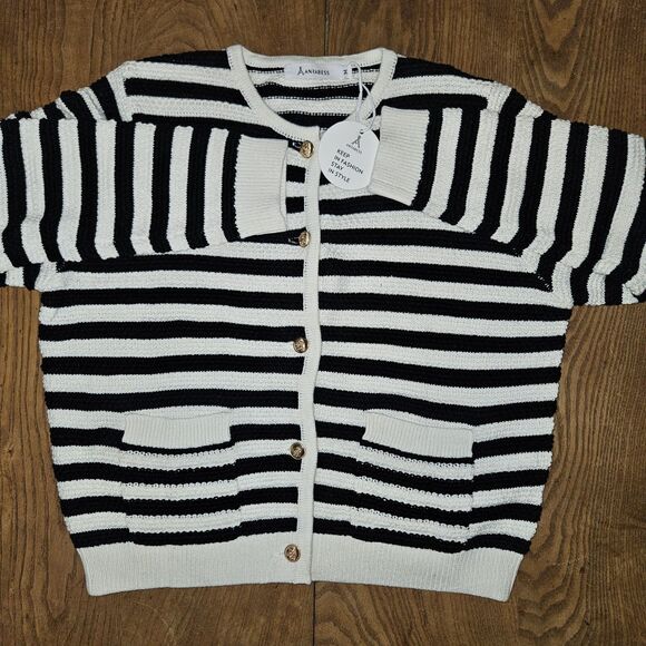 ANRABESS Medium Striped Cardigan Sweater Dressy Casual Classic LS Crew Neck New - Picture 5 of 7
